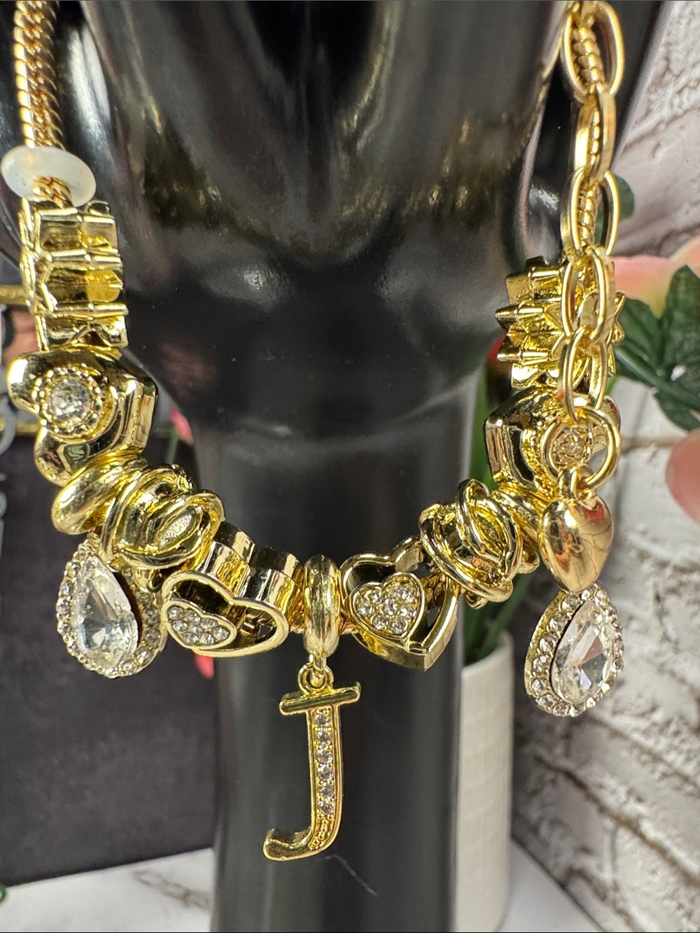 Gold Charm Bracelet with Crystal Heart & J Initial Charm